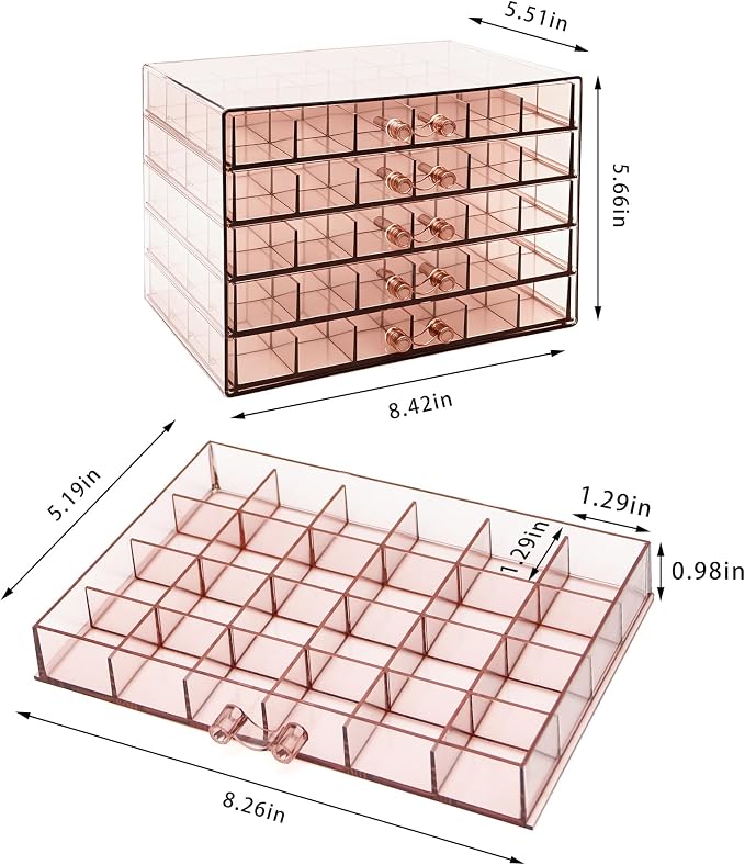 Clear Pink Acrylic Jewelry Storage Box, Earring Jewelry Organizer with 5 Drawers, 5-Layer Jewelry Box for Women, Earring Display Holder for Earrings Ring Bracelet Necklace, 120 Grid Storage Box - Image 2