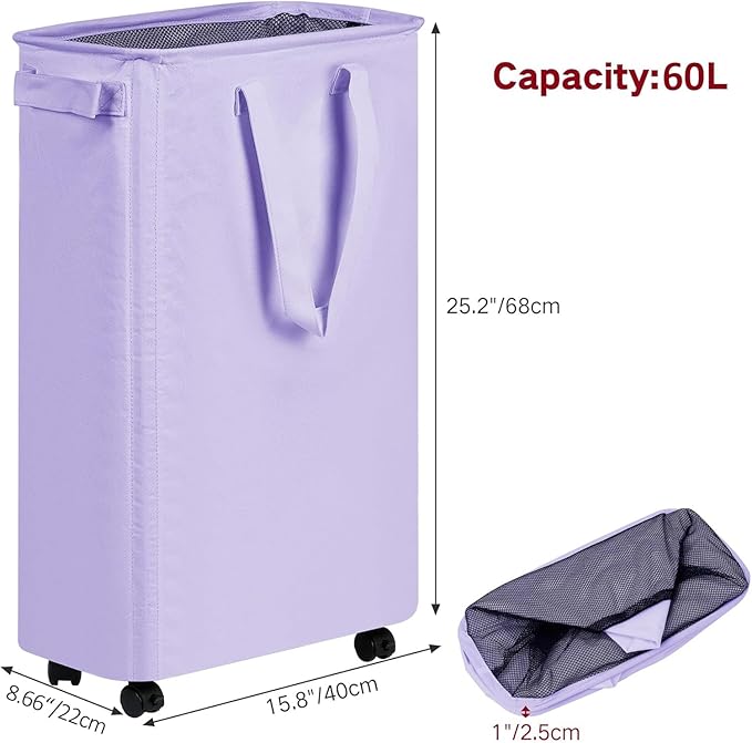 efluky Slim Laundry Hamper with Wheels, Rolling Laundry Basket for Clothes, Small Laundry Basket for Bedroom, Dorm and Laundry Room, 60L (12.7 Gallons) Purple - Image 2