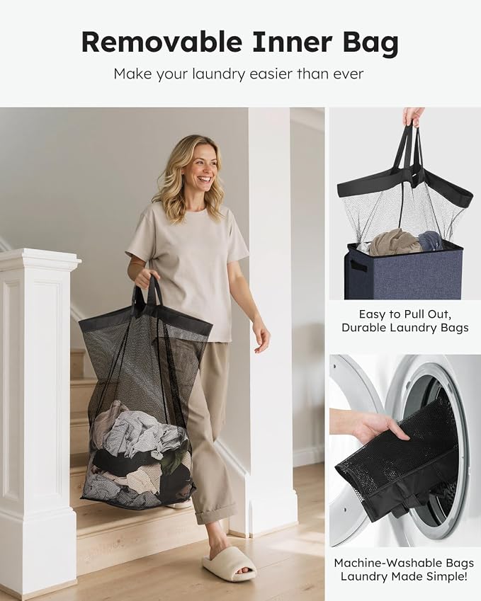 SOLEDI Laundry Hamper with Lid 90L Large & Tall Collapsible Laundry Basket, Clothes Hamper with Bag Removable Easy to Carry, Dirty Hampers for Bedroom, Bathroom, Dorm, College, Navy Blue - Image 4