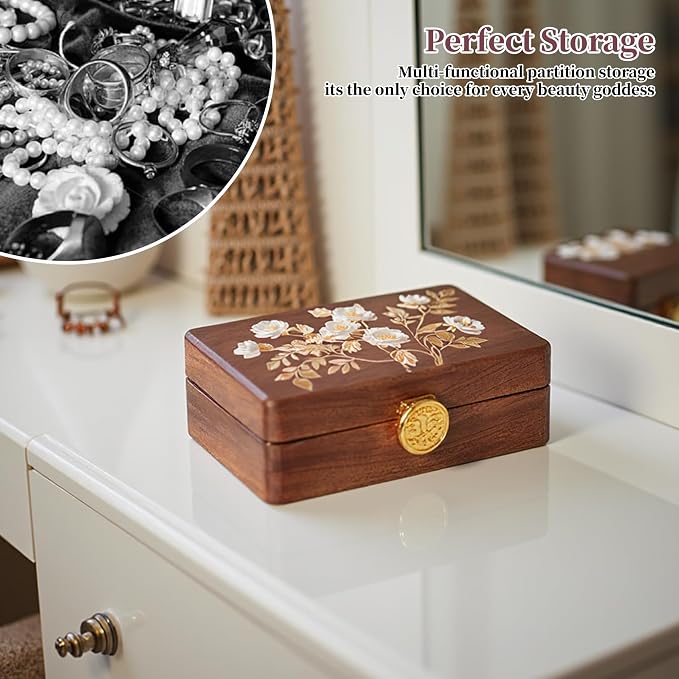 Travel Jewelry Case Small Wood Jewelry Organizer Jewelry Box for Women (Nut-Brown Print) - Image 3