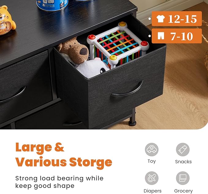 Sweetcrispy Dresser for Bedroom with 5 Storage Drawers, Fabric Storage Tower Organizer, Chest of Drawers with Metal Frame Wooden Top for Closet, Living Room, Entryway, Black