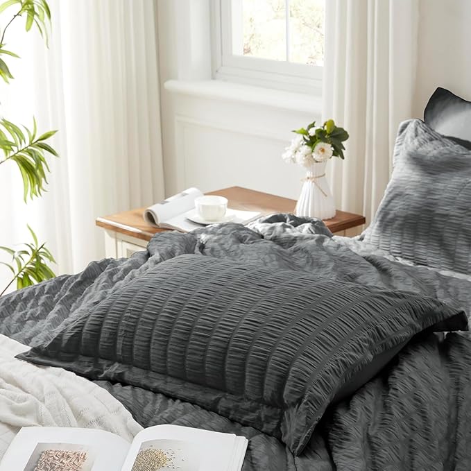 Zzlpp Full Comforter Set 7 Pieces, Dark Grey Seersucker Bed in a Bag with Comforter and Sheets, All Season Bedding Sets with 1 Comforter, 2 Pillow Shams, 2 Pillowcases, 1 Flat Sheet, 1 Fitted Sheet