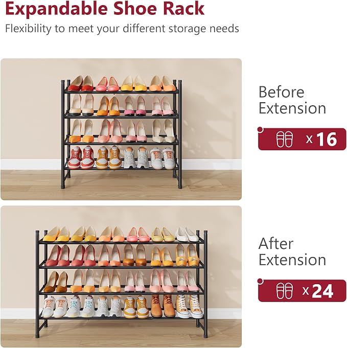 Tajsoon Expandable Shoe Rack for Closet 4 Tier, 29“-41“Adjustable & Stackable Shoe Shelf Storage, Metal Shoe Rack Organizer for Front Door Entrance, Closet, Garage, Entryway, Black - Image 7