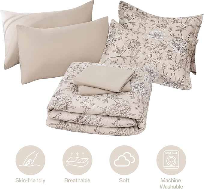 Yiran 7 Piece Bed in a Bag Beige Comforter Set King Leaves Botanical Bedding Set,Soft Microfiber Floral Comforter with 2 Pillowcases 2 Pillow Shams 1 Flat Sheet 1 Fitted Sheet 104"×90"
