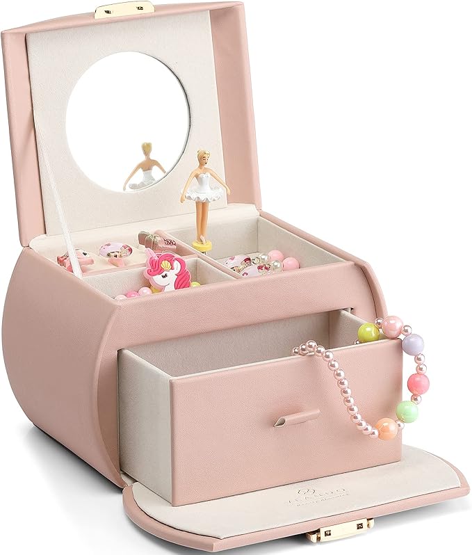 VLANDO Kids Musical Jewelry Box for Girls with Drawer, Music Box with Ballerina and Stickers for Birthday Bedroom Decor, Valentines Day Gifts for Daughter Girls Kids - Pink by VLANDO