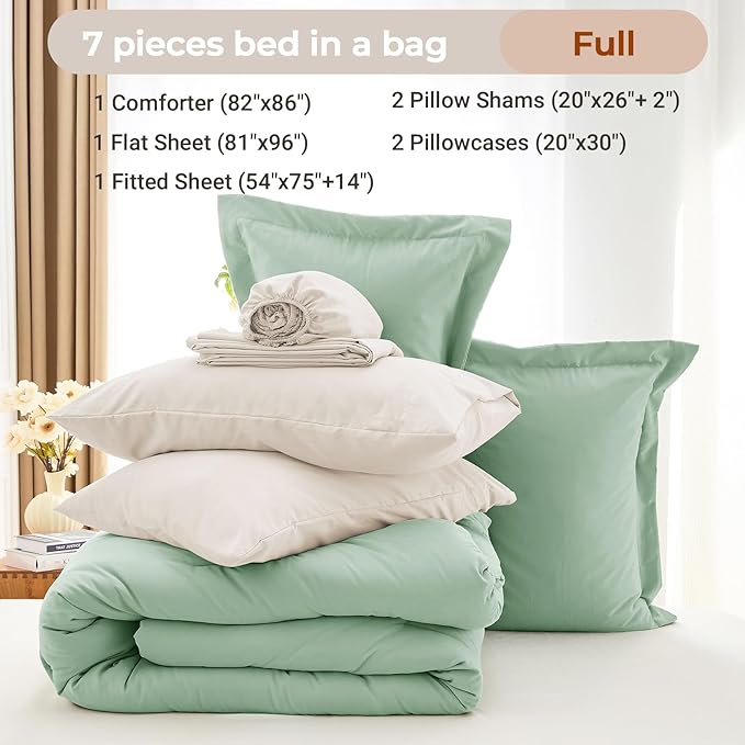 MUXHOMO 7 Pieces Full Comforter Set, Soft Bed in a Bag Full Size, All Season Bedding Set with Comforter, Flat Sheet, Fitted Sheet, Pillowcases & Shams, Sage Green & Beige
