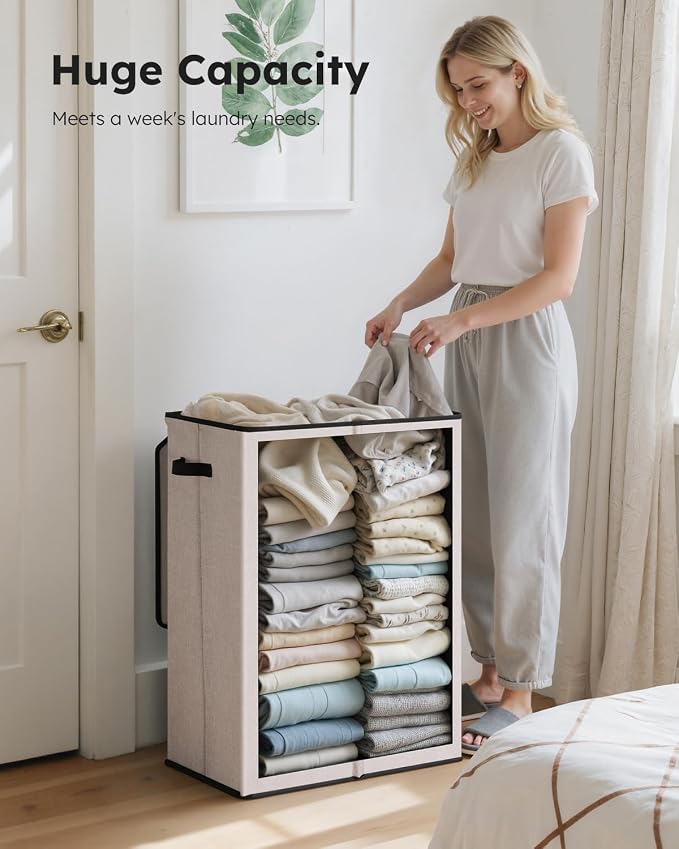 SOLEDI Laundry Hamper with Lid 130L Large & Tall Collapsible Laundry Basket, Clothes Hamper with Bag Removable Easy to Carry, Dirty Hampers for Bedroom, Bathroom, Dorm, College, Light taupe - Image 3