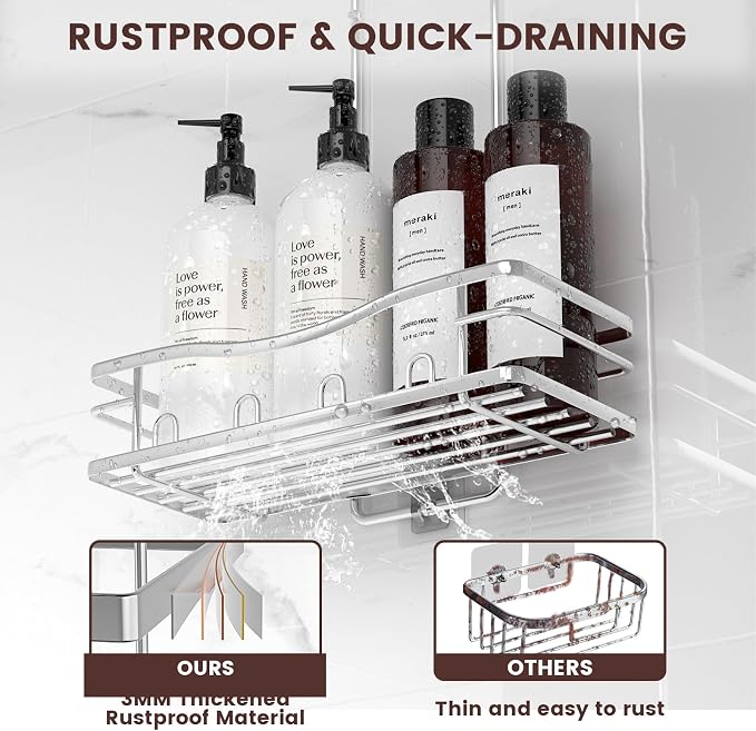 REINHARDT Shower Caddy Hanging, Rustproof Shower Caddy Anti-Swing Shower Organizer Over Showerhead No Drilling Shower Racks with Soap Holder Multi Hooks Bathroom Storage for Shampoo Sponge, Silver - Image 4