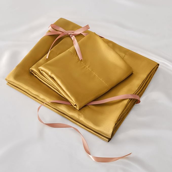 BEDELITE King Size Sheets Set, Luxury Soft Gold Satin Sheets for Hair and Skin, Similar to Silk Bed Sheets Set 4 Pieces with 1 Deep Pocket Fitted Sheet, 1 Flat Sheet, and 2 Pillowcases