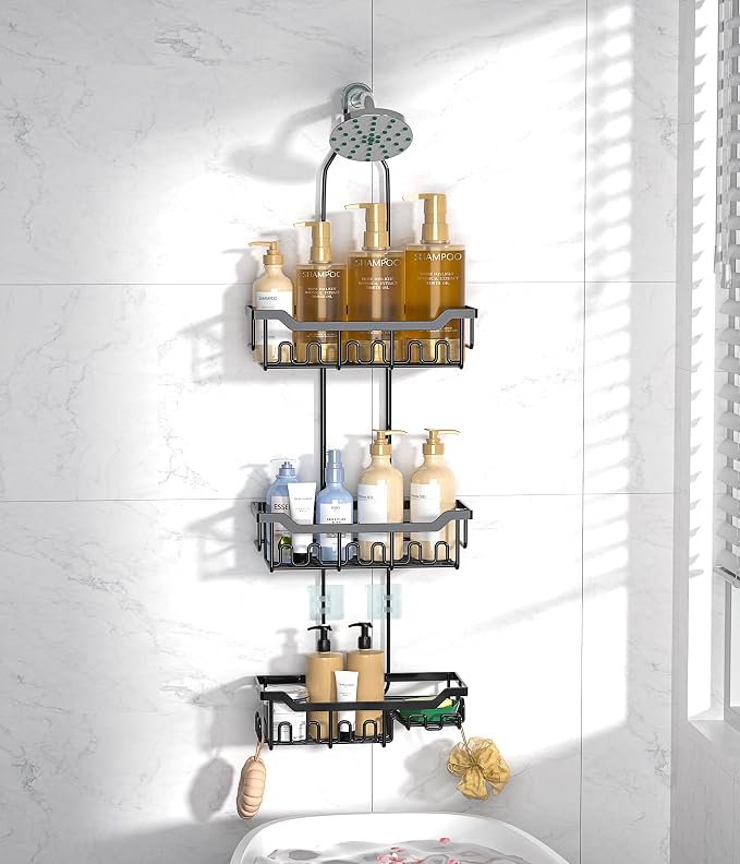 Adjustable Shower Caddy Hanging, Extended Length Organizer Over Shower Head, 3 Tier Long Neck Shower Rack with Soap Holder for Large Storage, Black - Image 6