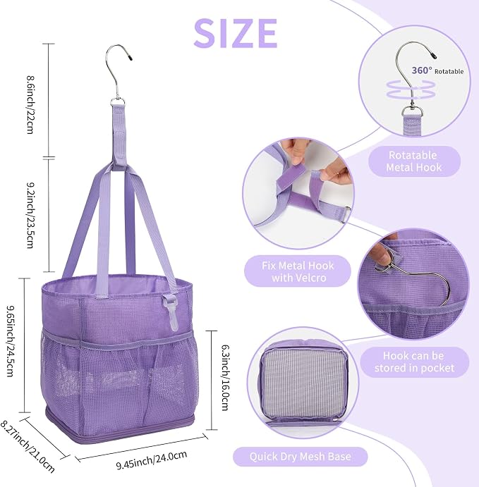 Mesh Shower Caddy Portable for College Dorm Room Essentials, Shower Tote Bag with Hanging Hook and Drawstring, Quick Dry Toiletry Bag with 6 Pockets for Bathroom, Swimming, Gym, Camping, Beach, Travel - Image 5