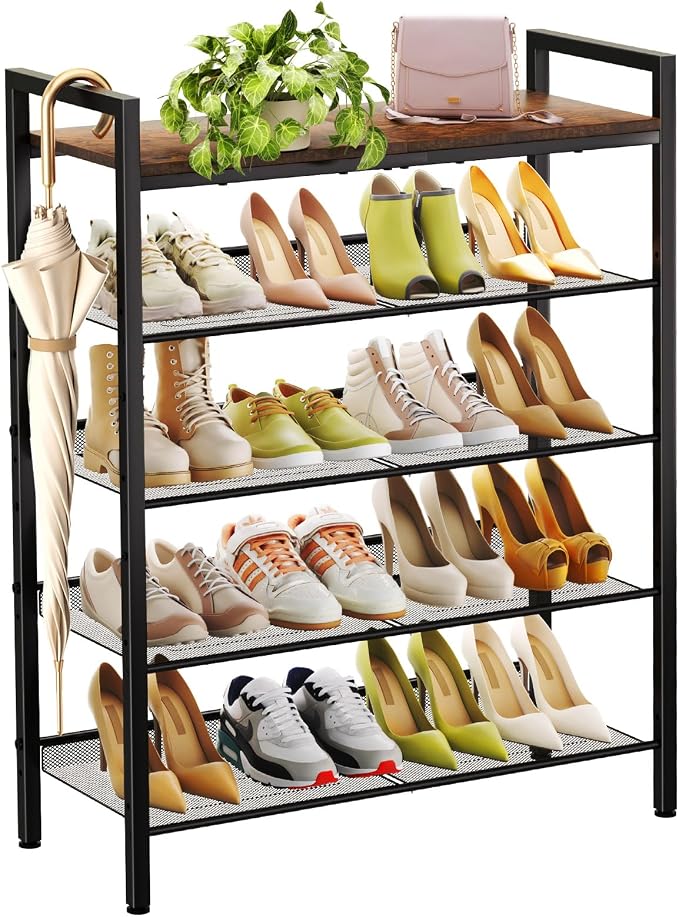 WIN4ALL Shoe Rack for Front Door Entrance, 5 Tier Shoe Rack for Entryway, 16-20 Pairs of Shoes, Metal Shoe Rack Organizer, Free Standing Shoe Rack for Closet (Black+Rustic Brown) by WIN4ALL