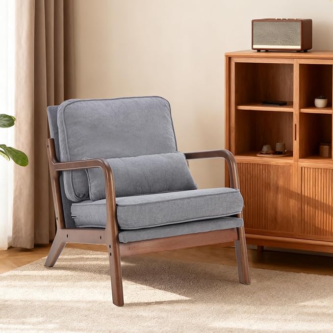 DUMOS Mid Century Accent Chair, Modern Living Room Chair with Arms and Waist Cushion, Reading Chairs for Adults, Lounge Chair for Bedroom, Solid Wooden Frame, Light Grey