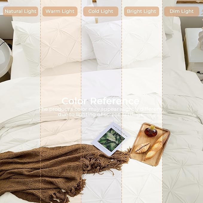 Sasttie Full Size Comforter Set, 7-Piece Bed in a Bag, Pintuck Bedding Set for All Season, Includes Comforter, Flat Sheet, Fitted Sheet, Pillowcases and Pillowshams, Ivory