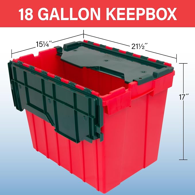 Akro-Mils KeepBox 18 Gallon Storage Container, Nesting and Stackable Plastic Storage Box with Lid Attached, Organizer Tote for Garages, Closets, and Moving, 21" x 15" x 17", Red/Green - Image 3