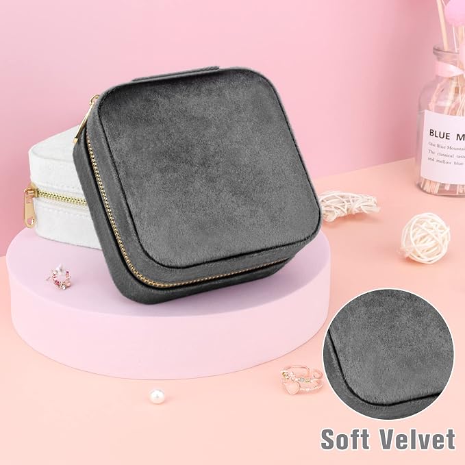 DesignSter Travel Jewelry Box - Velvet Mini Jewelry Organizer, Small Jewelry Case for Girls Women, Jewelry Storage Box for Rings Earrings Necklace (Square, Cool Gray) - Image 5
