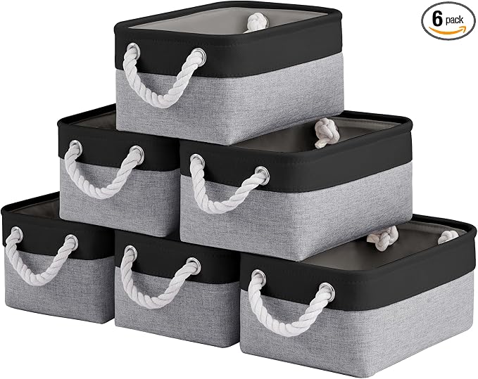 Storage Baskets for Shelves 11.8x7.9x5.2 Inch, Foldable Fabric Storage Bins with Handles, Small Storage Baskets for Organizing Closet, Office, Home Organization (6-Pack, Black&Gray) by VQRTEXAStorageBasket