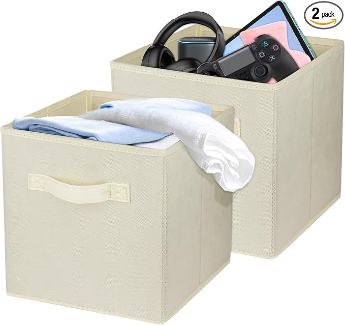 2 Pcs Storage Cubes, 10.5 Inch Collapsible Storage Bins, Fabric Foldable Bins for Organization, Durable Storage Bins for Closet, Shelves, Offices (Beige) by Zuihug