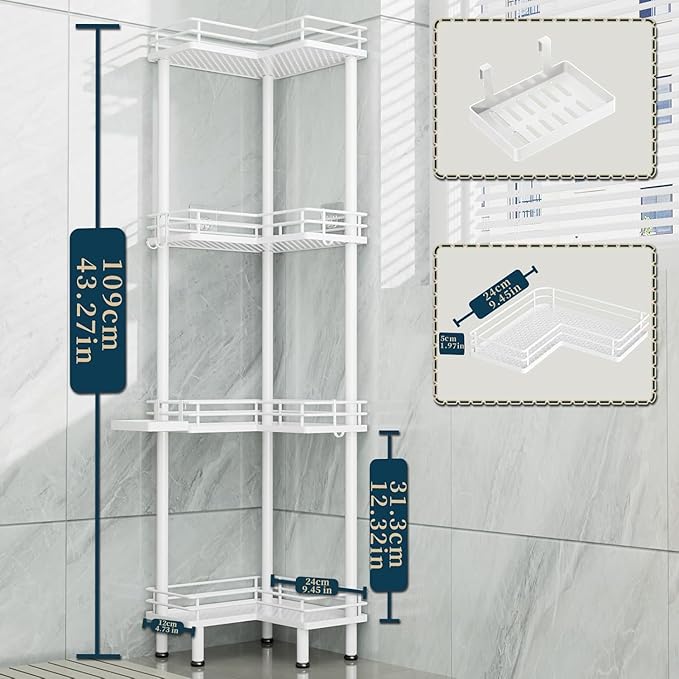 Consumest Corner Shower Caddy Standing - 4-Tier Stainless Steel Shower Organizer with Soap Holder and 4 Hooks, Large Capacity Corner Shelf Stand for Bathroom, Rest Room, White - Image 7