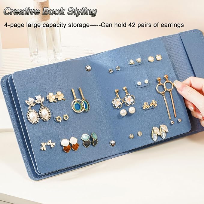 LAKE OF FIRE Earring Holder Organizer with Foldable Book Design Jewelry Book Organizer, Portable Pu Leather Travel Earring Case(Blue) - Image 3
