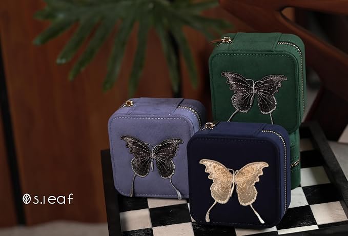 S.Leaf Travel Jewelry Organizer Boxes for Women Small Portable Necklace Earrings Bracelet Rings Travel Case Best Friend Birthday Gifts for Women Trendy (Butterfly_Green_Gray) - Image 3