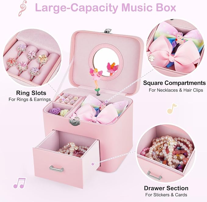 Basumee Musical Jewelry Box for Girls PU Leather Music Box with Drawer Large Kids Jewelry Organizer with Unicorn/Ballerina Jewelry Storage for Little Girls Ages 3–10, Birthday & Holiday Present - Image 4