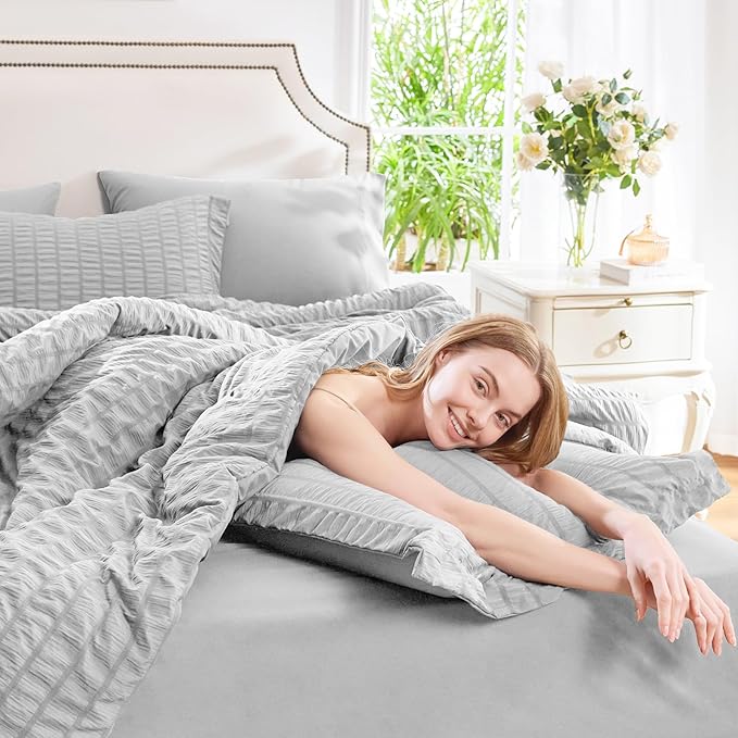CozyLux Queen Comforter Set Light Grey Seersucker 7 Pieces Bed in a Bag Queen Comforter Set with Sheets, Light Gray Luxury Soft Bedding Set with Down Alternative Comforter, Sheets, Pillowcases & Shams