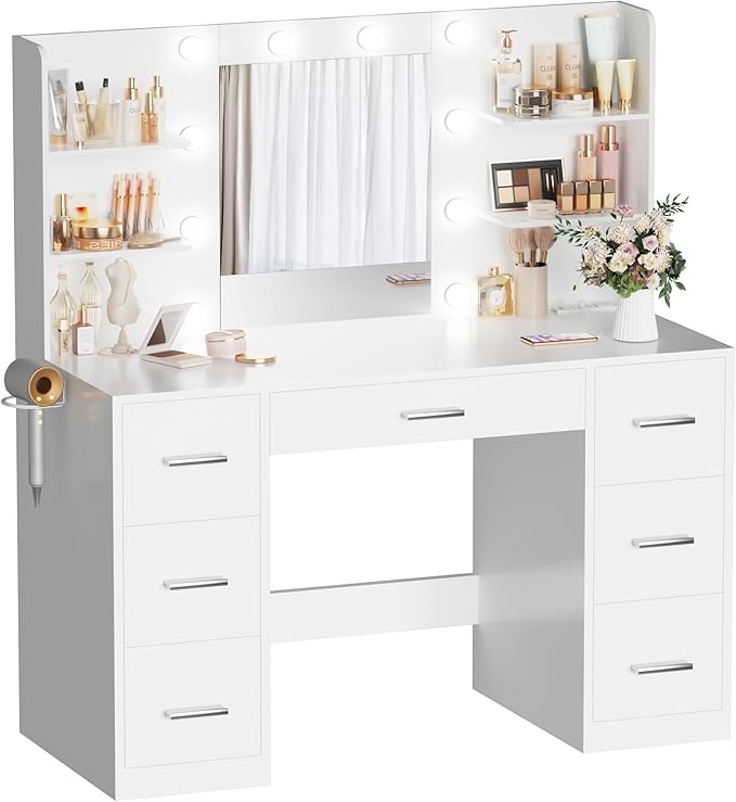 Makeup Vanity Desk with Mirror and 10 Lights, Table with 7 Drawers and 4 Open Shelves, 3 Color Modes and Adjustable Brightness, Charging Station for Bedroom, Bright White