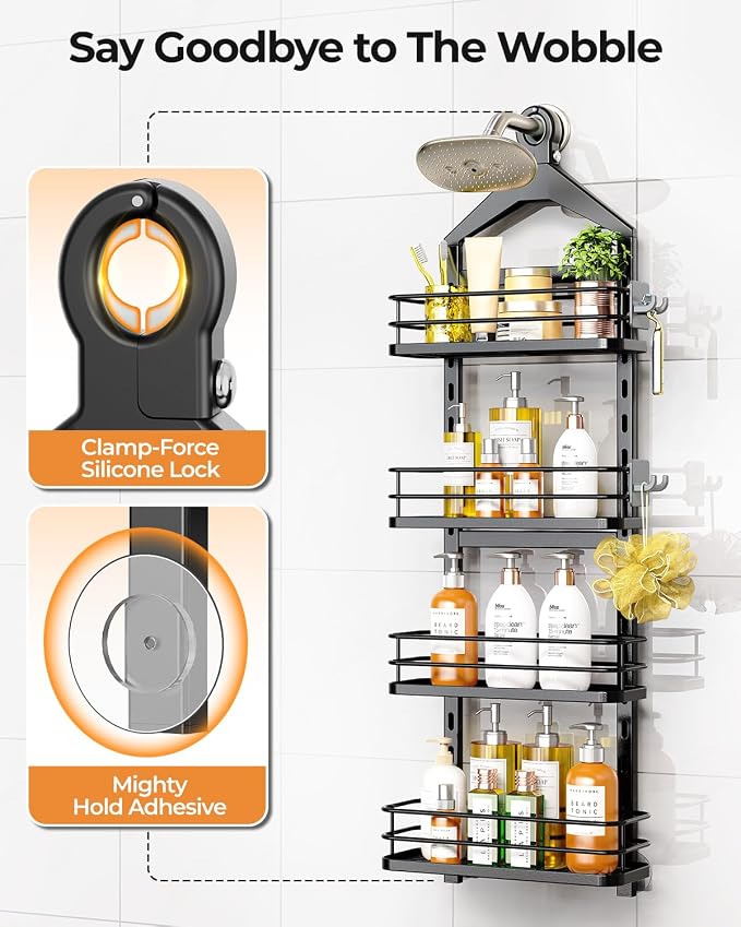 ODesign 4 Tier Height-Adjustable Shower Caddy Hanging Anti-Swing-Over The Shower Head Caddy-Sho wer Storage Organizer Bathroom Shelves Basket Caddies-Black - Image 5