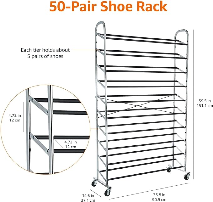 Amazon Basics 50-Pair Shoe Rack Organizer, Portable Rolling with Locking Wheels, Free Standing, 35.8 x 14.6 x 59.5 inches, Chrome - Image 4