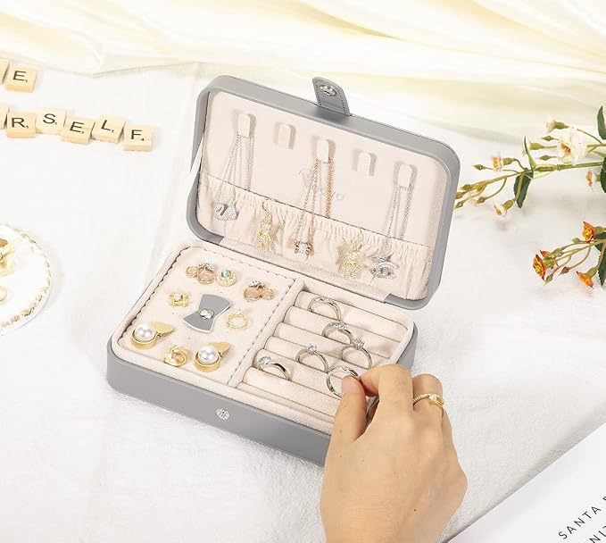 Voova Jewelry Box Organizer for Women Girls, 2 Layer Large Men Jewelry Storage Case, PU Leather Display Jewellery Holder with Removable Tray for Necklace Earrings Rings Bracelets (Grey, Small) - Image 4