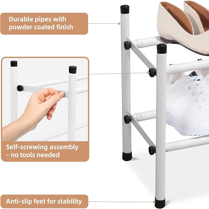 STORAGE MANIAC Expandable Shoe Rack, 8 Pairs Stackable Small Shoe Rack, Metal Adjustable Shoes Organizer for Closet, Entryway, Hallway, Garage, Front Door, Shoes Shelves, White 2 Tier - Image 6