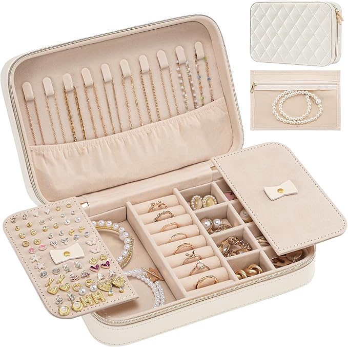 Lolalet Travel Jewelry Case for Women Girls, Travel Jewelry Organizer Box with Mirror & Clear Storage Bag, Small Portable Earring Necklace Bracelet Ring Case, Birthday Valentine Gifts -Medium, White by Lolalet