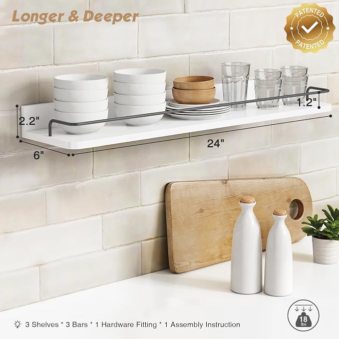 Forbena Floating Shelves for Wall 24 Inches Long, Modern White Wall Shelving Unit for Bedroom, Wood Hanging Shelf for Kitchen Bathroom Living Room Office Organizers and Storage (White and Grey) - Image 3