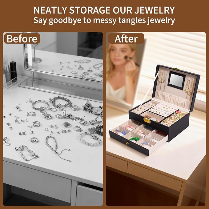 coobest Jewelry Box, 2 Layer Jewelry Organizer with Velvet Earring Organizer, Jewelry Holder Organizer Travel, White Jewelry Boxes for Women, Jewelry Boxes & Organizers for Girls, Black - Image 4