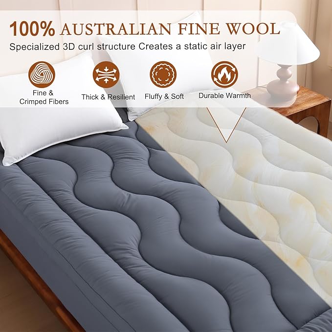 YOUR MOON 100% Organic Wool Mattress Topper Queen Size, Thick Pillow Top Mattress Pad, 800GSM Natural Wool Filling, Back Pain Relief Bed Topper with Cotton Cover-16'' Depth, 60"x80" (Gray)