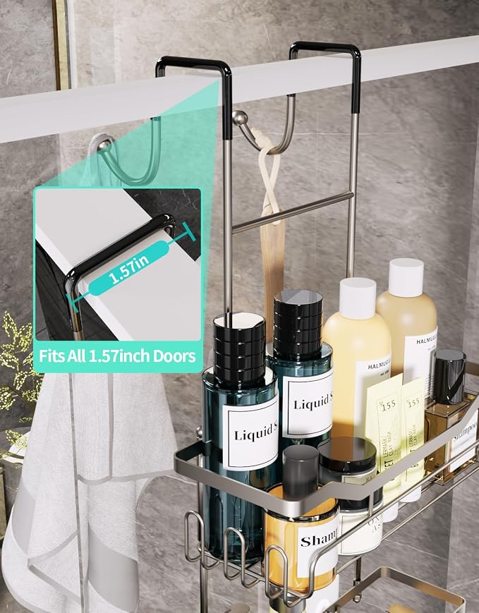 HapiRm Hanging Shower Caddy Over the Door with Soap Holder, No Drilling Adhesive Shower Organizer with 11 Hooks, Rustproof & Waterproof 304 Stainless Steel Bathroom Shelves - Brushed Nickel - Image 3