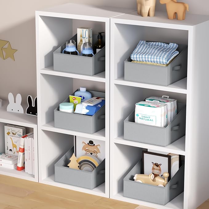 DIMJ Storage Bins for Closet, Trapezoid Storage Bins with Front Handle, Fabric Storage Baskets for Shelves, Line Closet Organizers for Toys, Boooks, Clothes, 6 Packs (Grey) - Image 5
