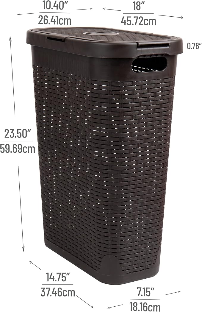 Mind Reader Slim Laundry Hamper with Lid, 40L Clothes Basket, Narrow Tapered Design with Ventilated Cutout Pattern, Plastic, Brown - Image 3
