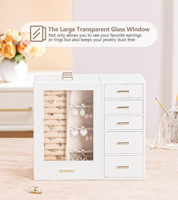 Homde Large Jewelry Box/Organizer/Case with Glass Window, Drawers for Necklaces Earrings Rings Bracelets Watches Gift for Women Girls - Image 2
