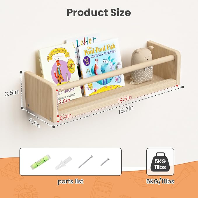 upsimples 2 Pack Nursery Book Shelves, 15.7 Inch Floating Bookshelves for Wall, Baby Nursery Decor, Small Solid Wood Wall Mounted Shelves for Baby Kids Boys Girls, Natural - Image 2