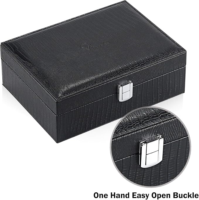 Voova Jewelry Box Organizer for Women Girls, 2 Layer Large Men Jewelry Storage Case, PU Leather Display Jewellery Holder with Removable Tray for Necklace Earrings Rings Bracelets, Vintage Gift, Black - Image 5