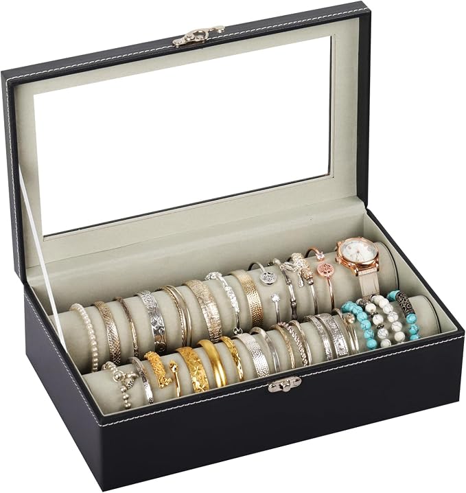 AUTOARK Bracelet & Watch Storage Box with Glass Lid & 2 Anti-Roll Rods,PU Leather Jewelry Case,Soft Lined Locking Organizer for Women,Gift for Dresser & Cabinet Display,Black,MKAW147 by AUTOARK