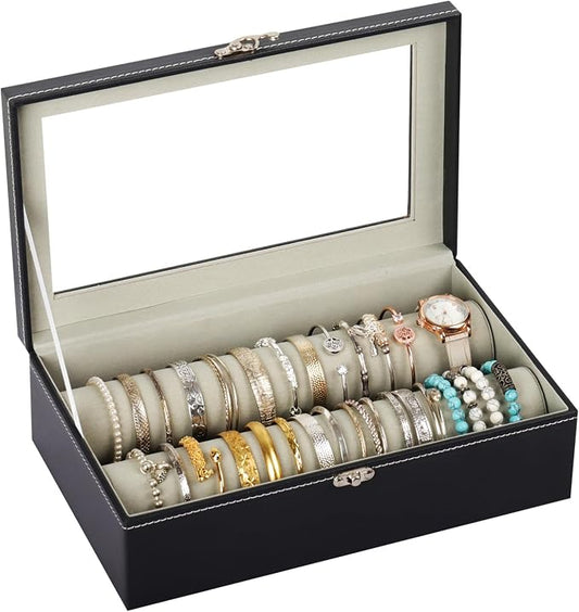 AUTOARK Bracelet & Watch Storage Box with Glass Lid & 2 Anti-Roll Rods,PU Leather Jewelry Case,Soft Lined Locking Organizer for Women,Gift for Dresser & Cabinet Display,Black,MKAW147 by AUTOARK
