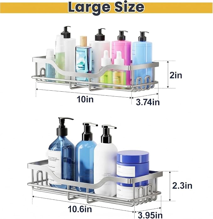 OMAIRA 3-Pack Shower Caddy with Soap Holder, Adhesive Rustproof No-drill Strudy Loading Inside Shower Organizer Shelves Rack Storage Bathroom Organization for Smooth Wall Glass Tile, Sliver (Large) - Image 2