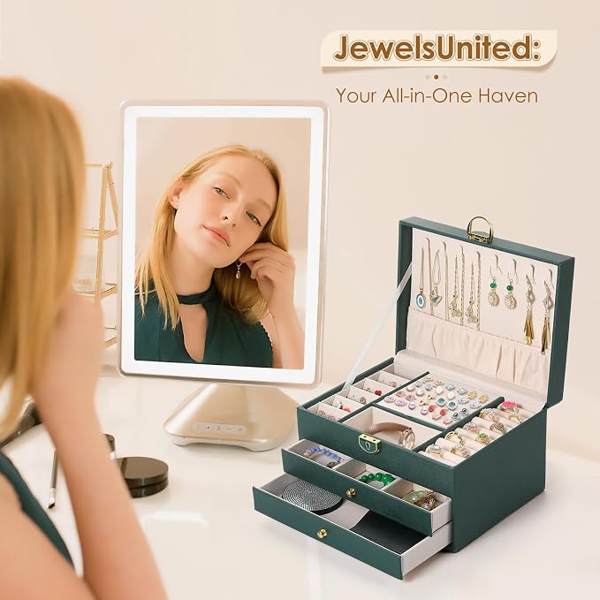 coobest 3 Layer Jewelry Box, Jewelry Holder Organizer with 2 Drawer Tray, Large boxes for Women Velvet Earring Organizer, Lockable & Organizers, Birthday Gifts for Women Mom, Green - Image 2