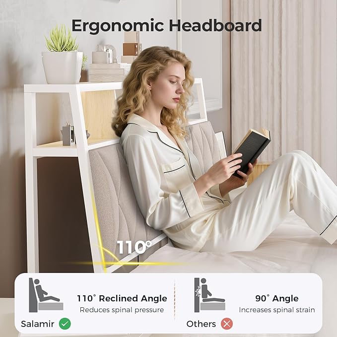 Full Headboard Only, Headboard for Full Size Bed with Storage, Upholstered Headboards with LED Lights & Charging Station, Attach Frame, Ideal for Bedroom/Dorm/Guest Room, White & Beige