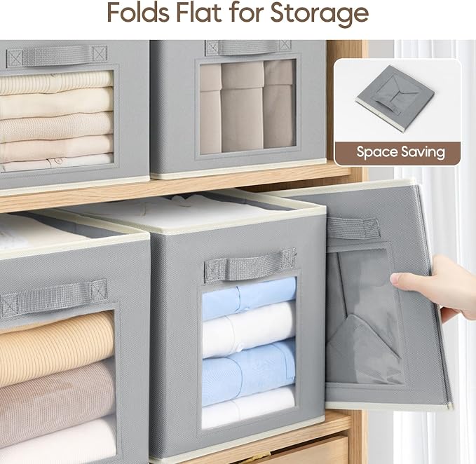 Homsorout Storage Cube 11 Inch - Cube Storage Bins with Window, Closet Storage Baskets with Handle, Fabric Bins for Closet, Shelves, Toys, Clothes, Set of 6, Grey - Image 8