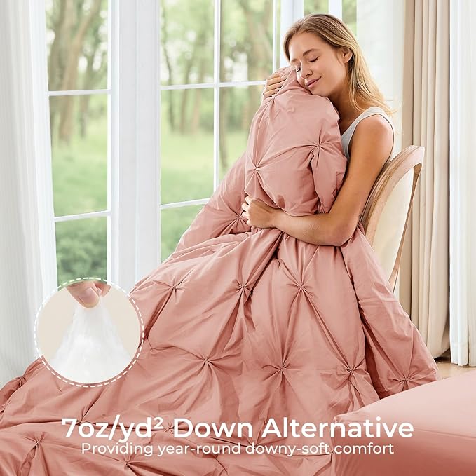 Sasttie Full Size Comforter Set, 7-Piece Bed in a Bag Double, Pintuck Bedding Set for All Season, Includes Comforter, Flat Sheet, Fitted Sheet, Pillowcases and Pillowshams, Blush