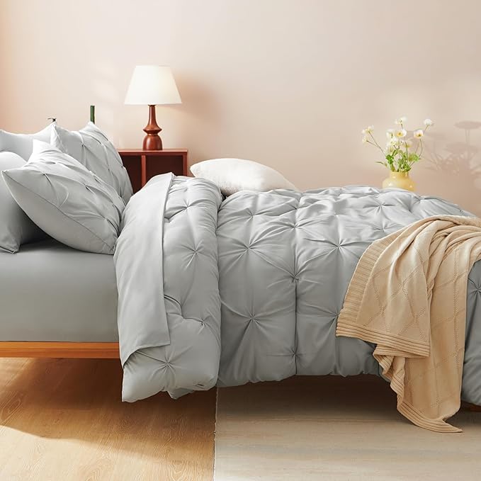 CozyLux King Size Comforter Set Light Grey, 7 Pieces Pintuck Bed in A Bag Gray Comforter King Size, Pinch Pleat Bedding Set with All Season Comforter, Sheets, Pillowcases & Shams